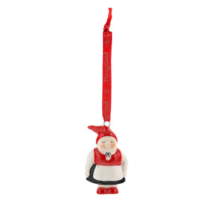 Nissemor hengepynt fra Porsgrunds Porselænsfabrik, porselensfigur med rødt bånd, perfekt julepynt fra Nisseservise, 7,5cm høy.