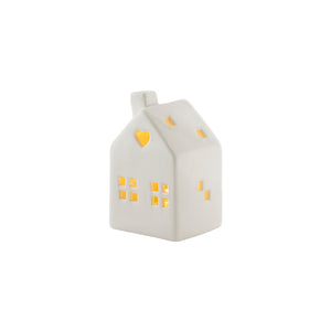 Hvitt porselenshus med hjerte og LED-lys, del av settet fra Porsgrunds Porselænsfabrik, ideelt for julepynt og hyggelig belysning - PP Jul Mini Hus M/ LED Lys 3pk.