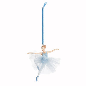 Håndmalt ballerinafigur med lyseblått bånd fra Porsgrunds Porselænsfabrik, PP Jul Arabequre Ballerina Hengepynt 12,5cm, perfekt til julepynting.