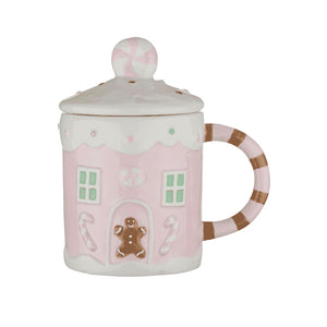 Christiania 1739 Julekolleksjon julekrus M/Lokk 520ml med lokk formet som et pepperkakehus, rosa og dekorert med en gingerbread figur.