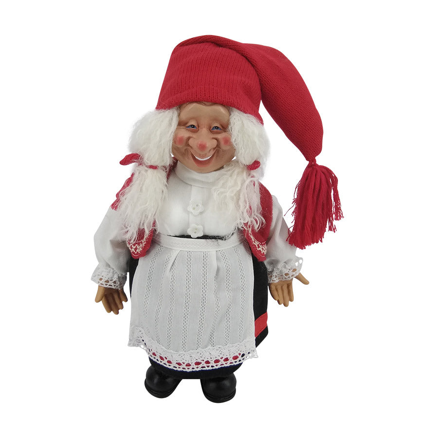 Nissemor-figur fra Christiania 1739, 20 cm høy med rød lue, klassiske klær og et varmt smil, perfekt for julepynt.