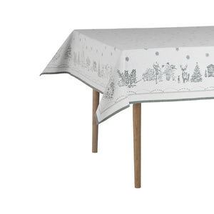Wik & Walsøe damaskduk i hvit farge, 140x340 cm, med subtile juledekorasjoner, ideell for festlige anledninger.