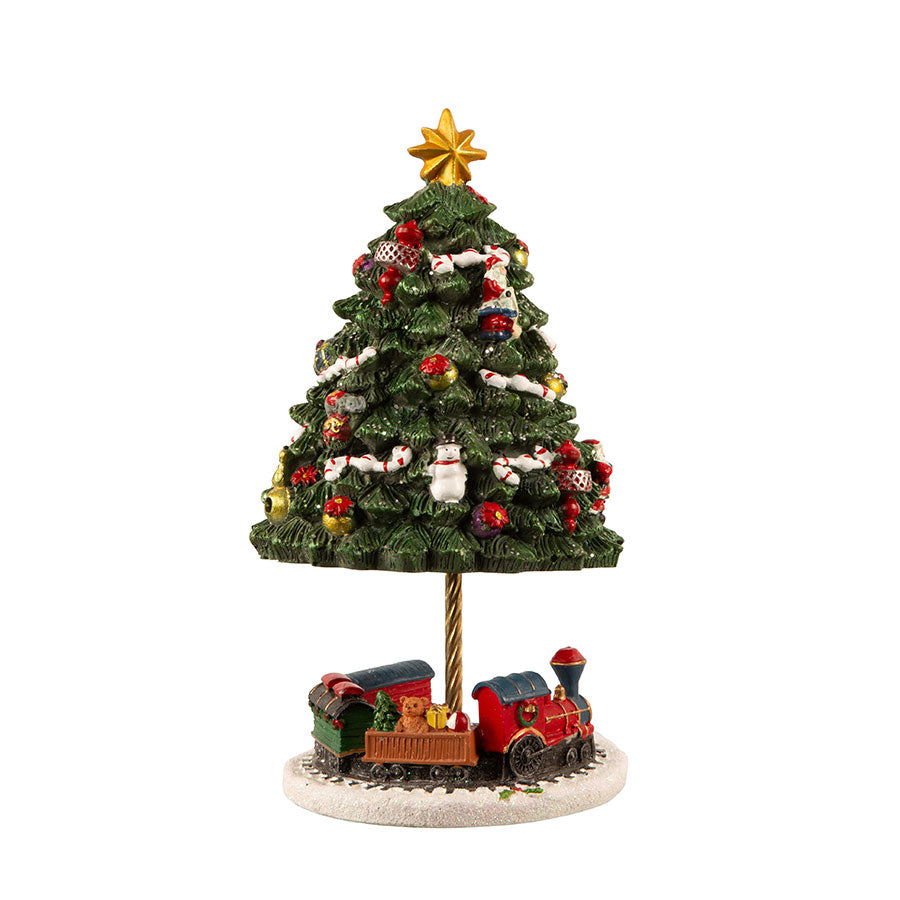 Børscompagniet Juletre med juletog spilledåse, 11x20cm, detaljert design med julekuler, snømenn, og gyllen stjerne, perfekt for juledekorasjon.
