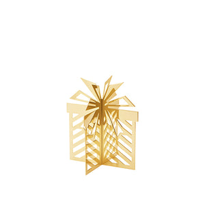 Georg Jensen julegaveornament i 18 karat gullbelagt design, utformet med detaljerte utskjæringer og en elegant sløyfe, perfekt for juledekorasjoner.