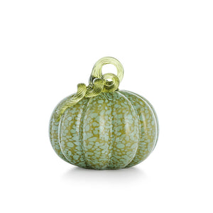 Blågrønn glassgresskar fra Hadeland Glassverk, 14 cm, med unik nyanse og munnblåst design, perfekt for bord- og vindusdekorasjon.