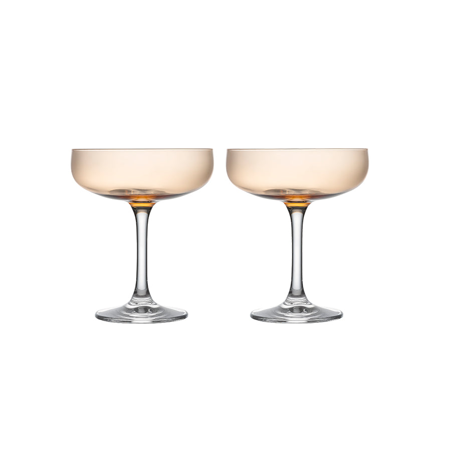Hadeland Glassverk Odyssé Cavaskål Orange 25cl, to stilige champagneglass som viser den unike og moderne designen.