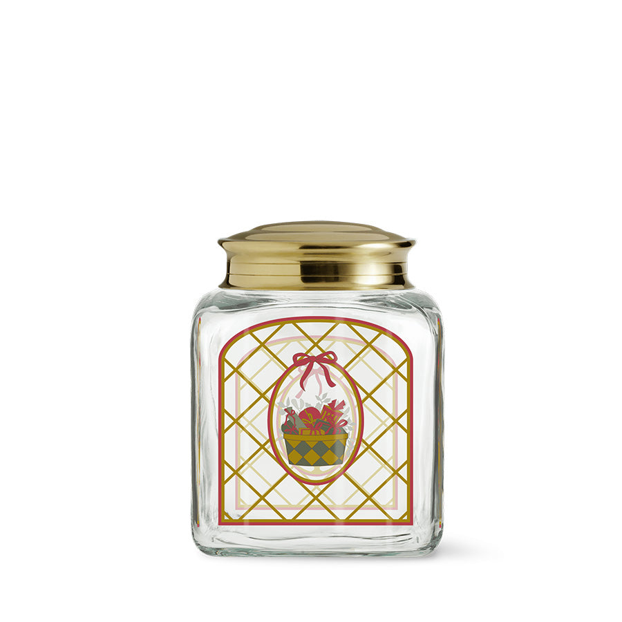 Holmegaard Christmas Julekakeglass 2025 - stilfull glasskrukke med juleroser og grønt motiv, ideell for oppbevaring av godbiter til jul.