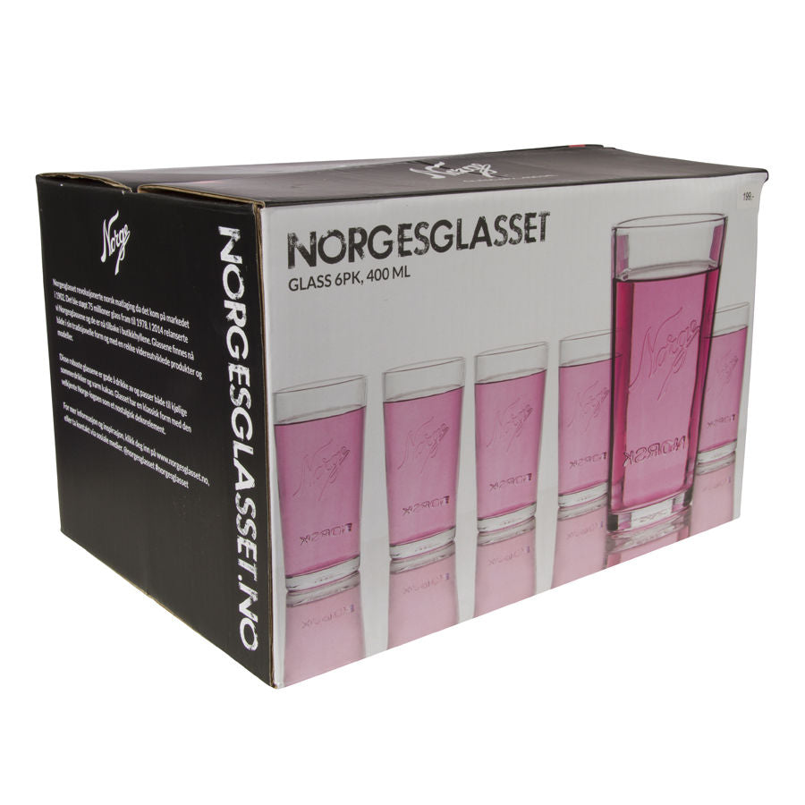 Norgesglasset drikkeglass 400ml pakket i en elegant eske som viser 6 romslige glass for drikke.