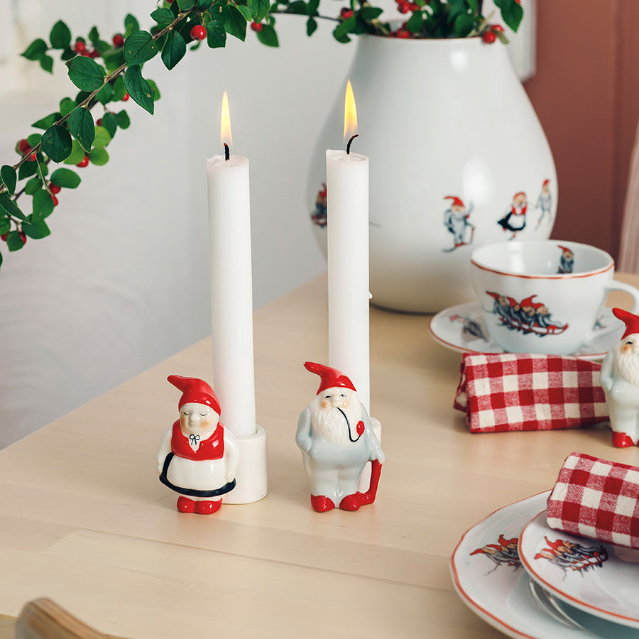Lysestake sett med nissemor og nissefar, Porsgrunds Porselænsfabrik, perfekt til julepynt, 7,5cm.
