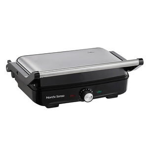 Nordic Sense Paninigrill i stål og svart, designet for effektiv grilling med 1600 watt og justerbar temperatur.