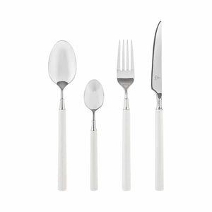 Elegant porselen bestikksett fra Porsgrunds Porselænsfabrik bestående av en spiseskje, teskje, gaffel, og kniv, perfekt for både hverdag og fest.