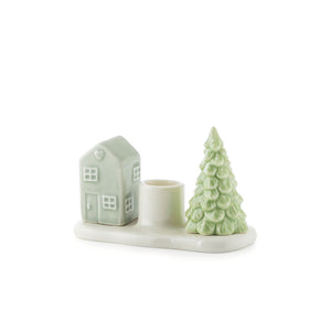 Porsgrunds Porselænsfabrik lysestake med porselenshus og juletre, perfekt for juledekorasjon.
