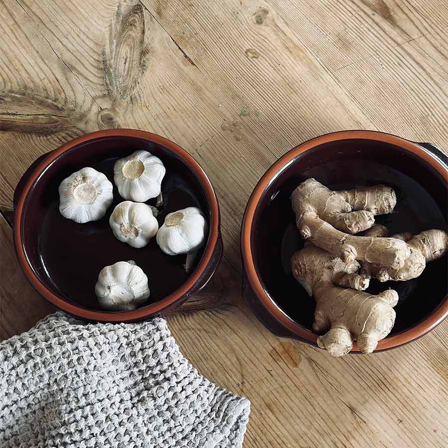 To Porsgrunds Porselænsfabrik Terra tapasformer med hvitløk og ingefær i rustikk stil, ideelt til servering og oppbevaring.