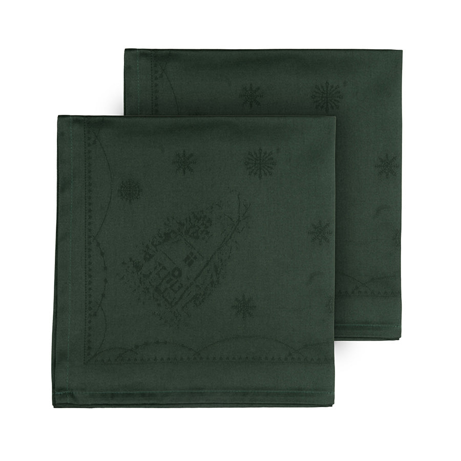 Wik & Walsøe Julemorgen damask servietter i dyp grønn nyanse, pakket i en 2pk, passende til elegant borddekking til jul.