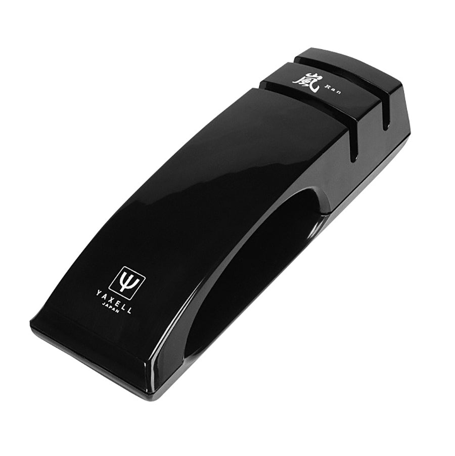 Yaxell Ran Ransharp Svart: Praktisk våtsliper med to slipehjul for effektiv sliping av kniver, perfekt for både nybegynnere og erfarne kokker.
