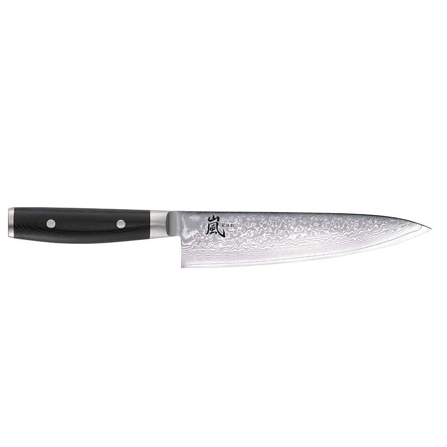Yaxell Ran Kokkekniv 20cm med 69 lag damaskusstål og ergonomisk micarta-håndtak for presis kutting av kjøtt og grønnsaker.