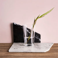 Elegant Iittala vase i klart glass med en lang plante stilk, plassert på en moderne base av stein med en svart bakgrunn, som fremhever den tidløse designestetikken.