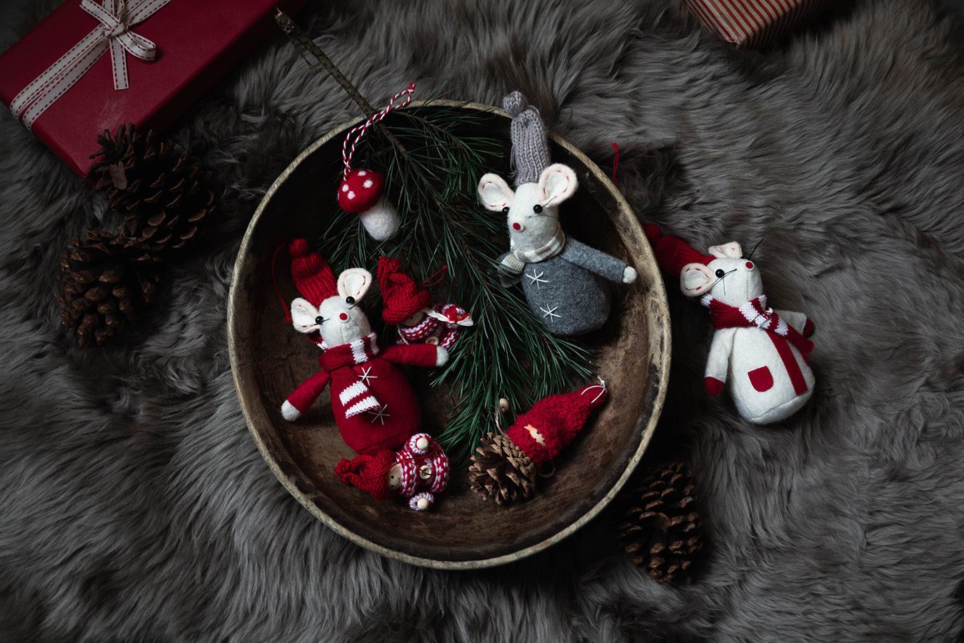 Julepynt Mus Tovet Ull m/Skjerf 16cm 3pk