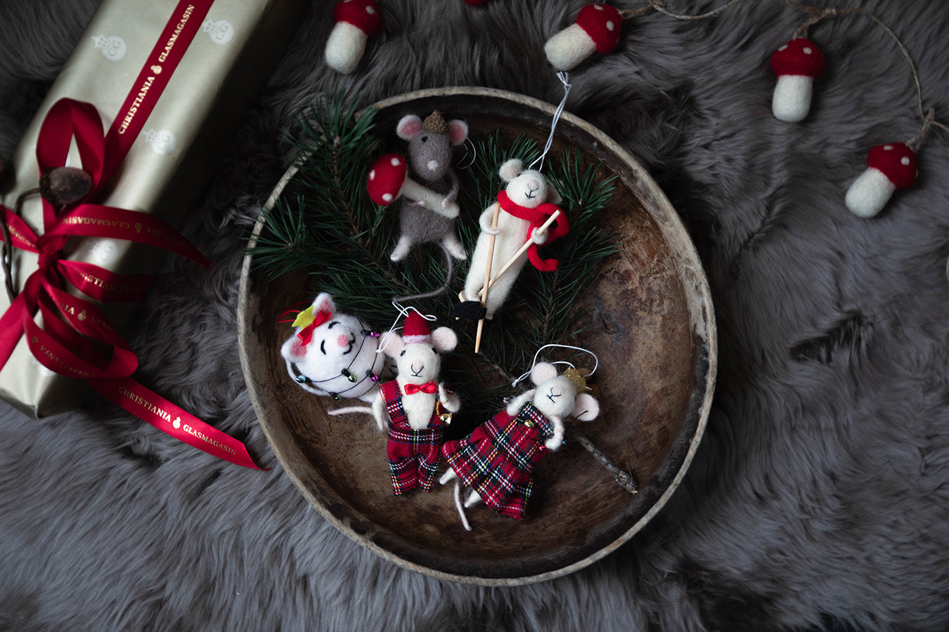 Julepynt Mus m/Ski Tovet Ull 11cm 2pk