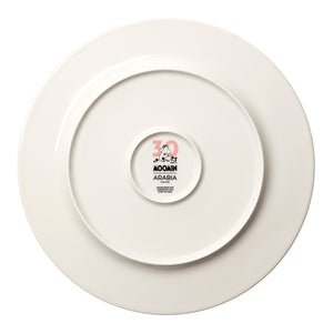 Bakside av Moomin Mummi serveringsfat i 30 cm, med logo og informasjon om produktet fra ARABIA.