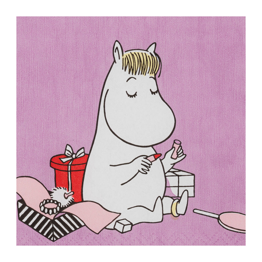 MOOMIN ARABIA Mummi Arabia Mummi Servietter 33x33cm Snorkfrøken – Mummi-illustrasjon av Snorkfrøken som holder gave og kaffe på lilla bakgrunn