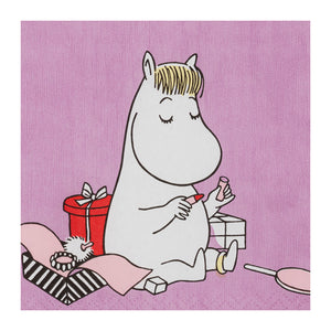 MOOMIN ARABIA Mummi Arabia Mummi Servietter 33x33cm Snorkfrøken – Mummi-illustrasjon av Snorkfrøken som holder gave og kaffe på lilla bakgrunn