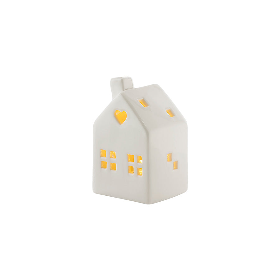 Hvitt porselenshus med hjerte og LED-lys, del av settet fra Porsgrunds Porselænsfabrik, ideelt for julepynt og hyggelig belysning - PP Jul Mini Hus M/ LED Lys 3pk.