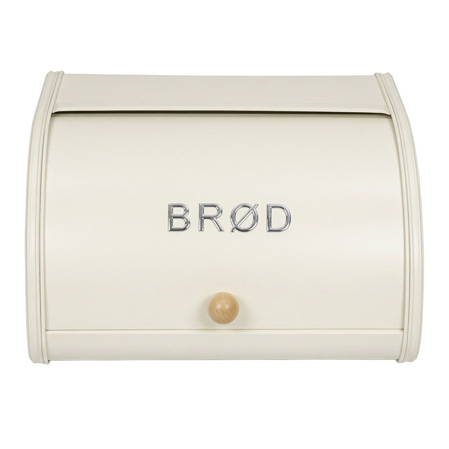 Elegant brødboks i kremfarge med dekorativ 'BRØD'-tekst og treknott, perfekt for oppbevaring av brød.