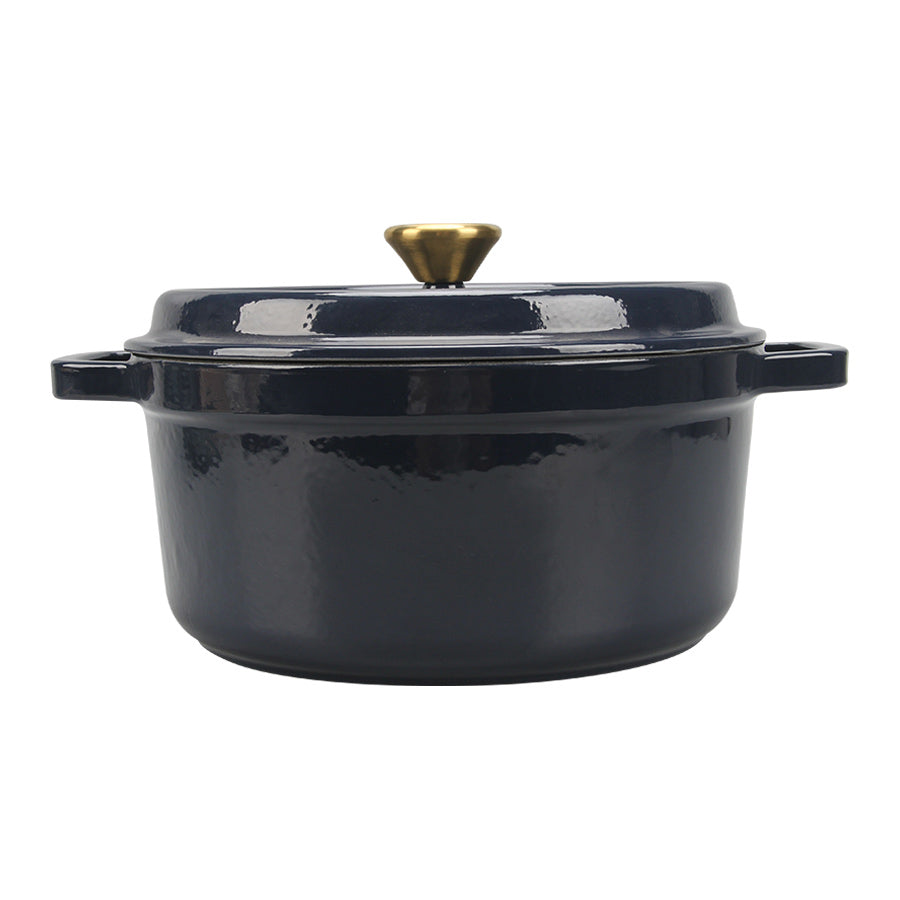Christiania 1739 Støpejernsgryte 5l Mørk Blå - solid støpejernsgryte med mørk blå finish og messingknott, perfekt til langtidskoking og ovnsretter.