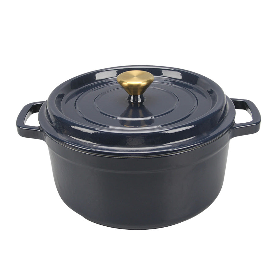 Christiania 1739 Støpejernsgryte 5l Mørk Blå - elegant støpejernsgryte med lokk og dekorativ messingknott, ideell for servering og matlaging.