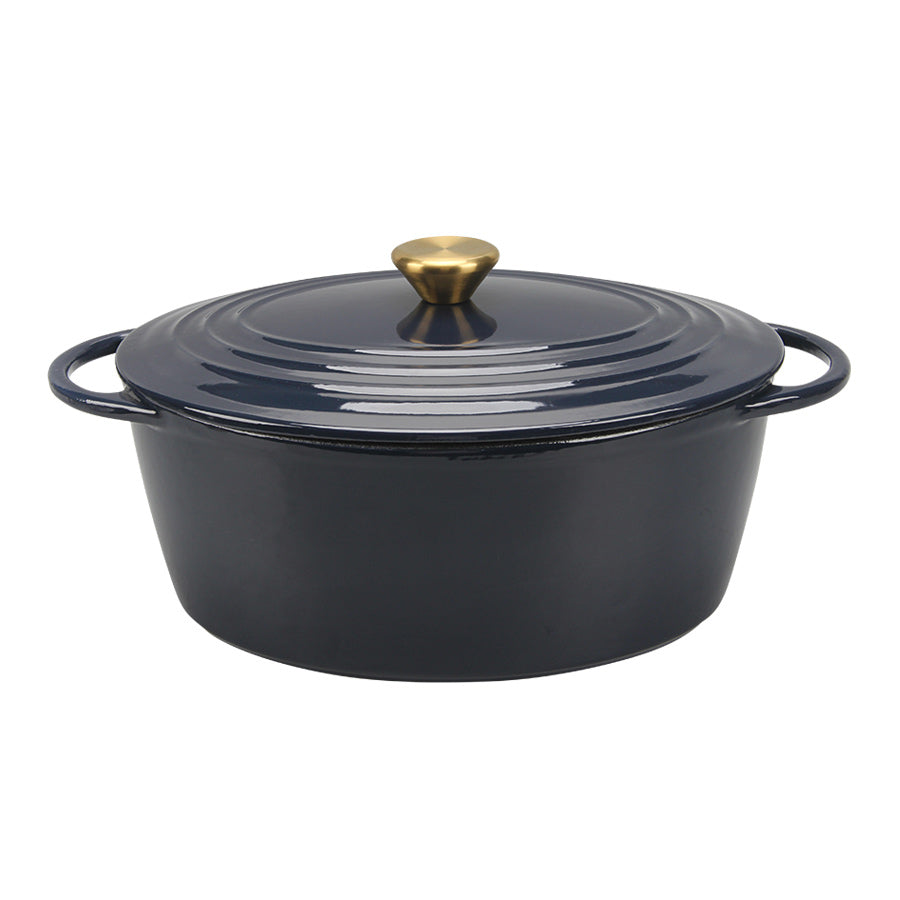 Christiania 1739 Støpejernsgryte Oval 5L Mørk Blå med lokk, elegant design med messingfarget knot, perfekt for store steker og gryteretter.