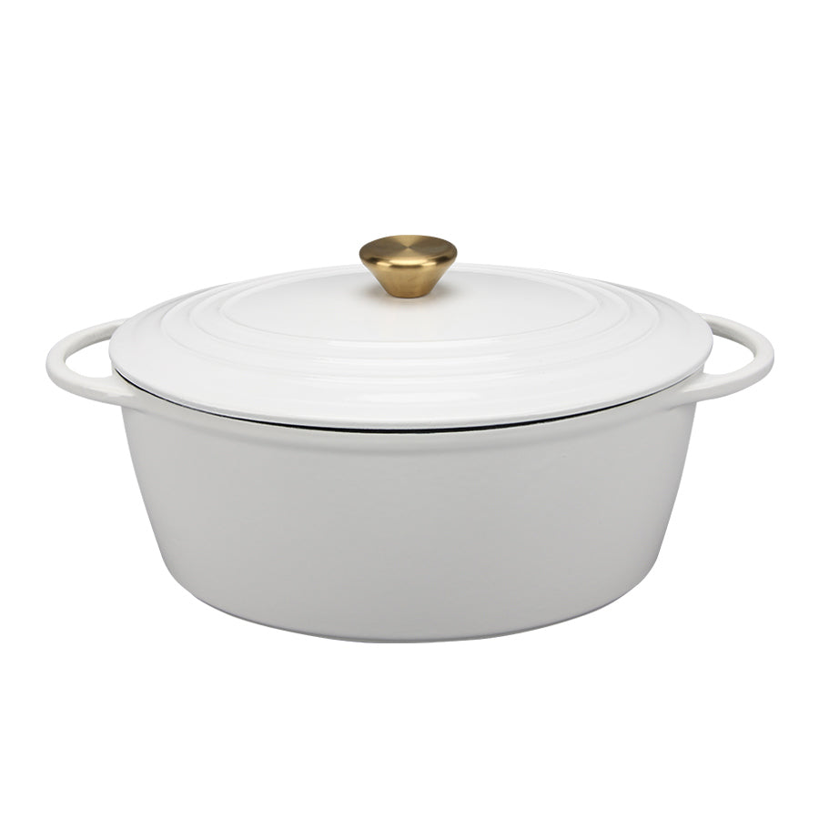 Christiania 1739 Støpejernsgryte Oval 5L Hvit med gylden knott - elegant design og funksjonalitet, perfekt for ovnsretter.