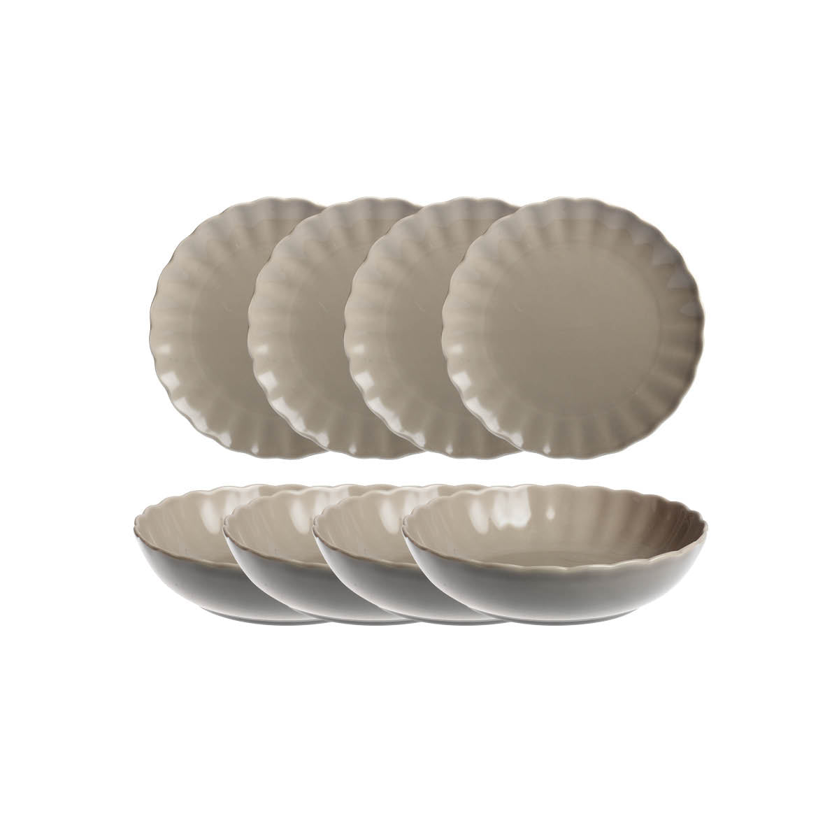 Nova Lilly Middagsservise i grått til 4 personer, inkluderer 4 flate tallerkener og 4 dype tallerkener, designet for daglig bruk og oppvaskmaskinsikker.