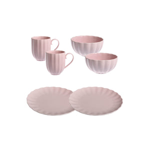 Elegant Nova Lilly frokostservise i dus rosa til 2 personer, sett med 2 krus, 2 skåler og 2 asjetter, perfekt for frokost og brunch.