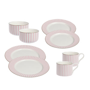 Nova Abby rosa servisepakke med to middagstallerkener, frokosttallerkener, boller og krus i porselen med rosa striper og gullkant