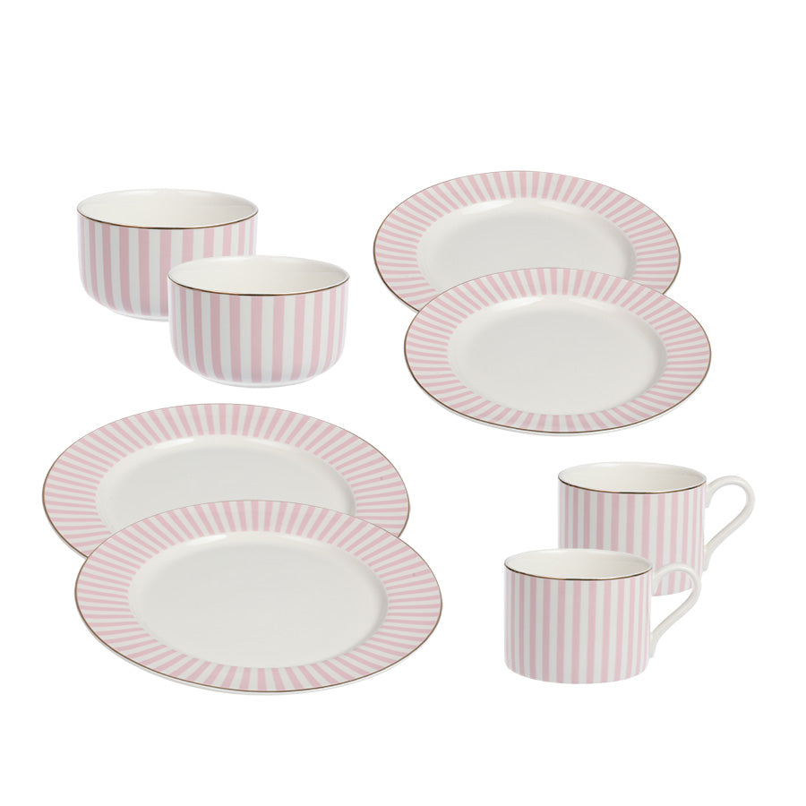 Nova Abby rosa servisepakke med to middagstallerkener, frokosttallerkener, boller og krus i porselen med rosa striper og gullkant