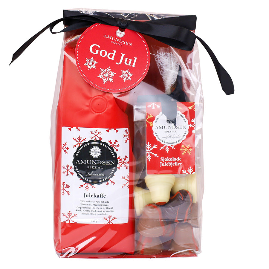 Amundsen Julekaffe, Brente Mandler & Skjokoladebjeller i en elegant og ferdig innpakket gavepose, perfekt som julegave fra AMUNDSEN TRADING.