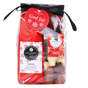 Amundsen Julekaffe, Brente Mandler & Skjokoladebjeller i en elegant og ferdig innpakket gavepose, perfekt som julegave fra AMUNDSEN TRADING.