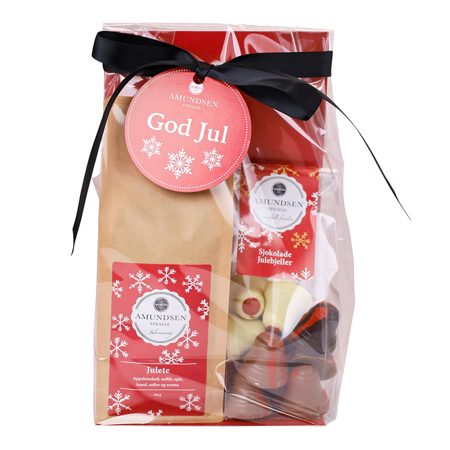 Amundsen Gavepose Julete & Skjokoladebjeller, en innpakket julegave med håndlagde sjokoladebjeller og aromatisk julete, perfekt som gave til høytiden.