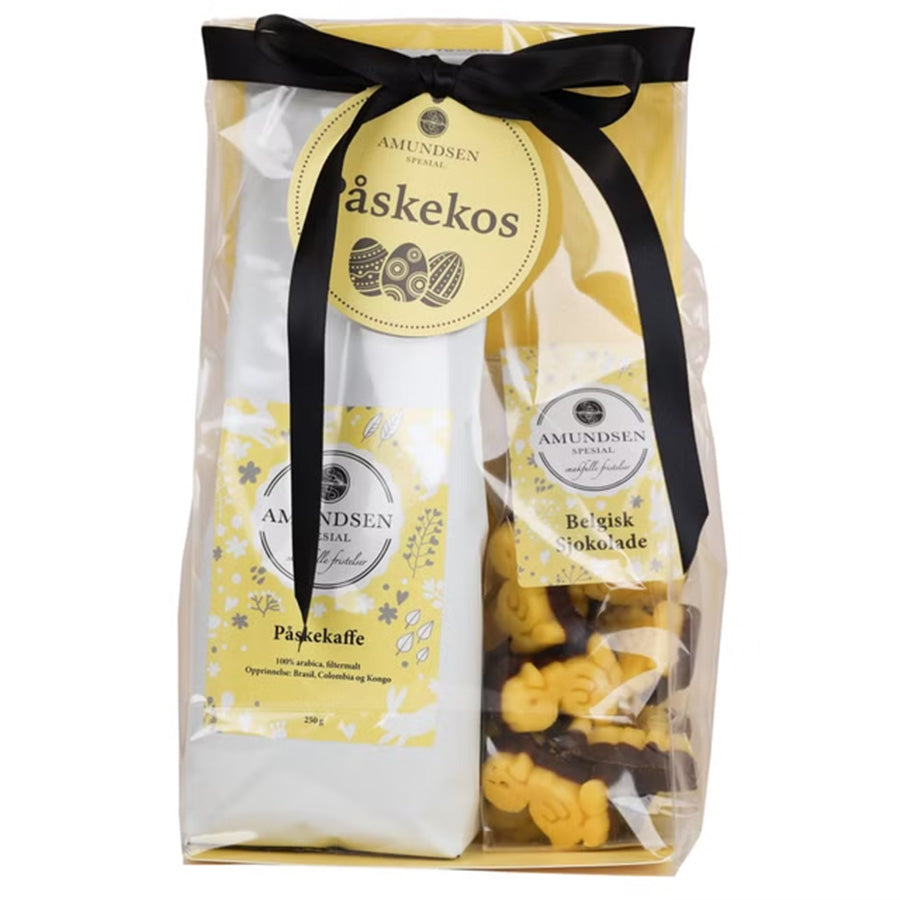 Amundsen Påskegave Kaffe og Sjokoladekyllinger med Marsipan - En perfekt påskegave med håndplukket sjokolade og smakfull kaffe, ideell som vertinnegave.