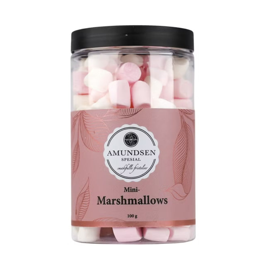 Amundsen Mini Marshmallows 100 gram i en gjennomsiktig beholder, perfekte til topping og pynt på desserter og drikker, produsert av AMUNDSEN TRADING. Marshmallows med myk og luftig konsistens.