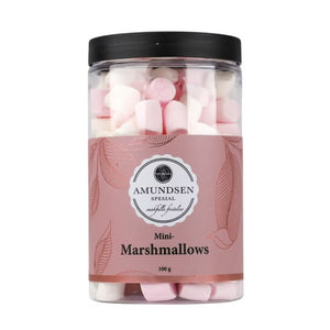 Amundsen Mini Marshmallows 100 gram i en gjennomsiktig beholder, perfekte til topping og pynt på desserter og drikker, produsert av AMUNDSEN TRADING. Marshmallows med myk og luftig konsistens.
