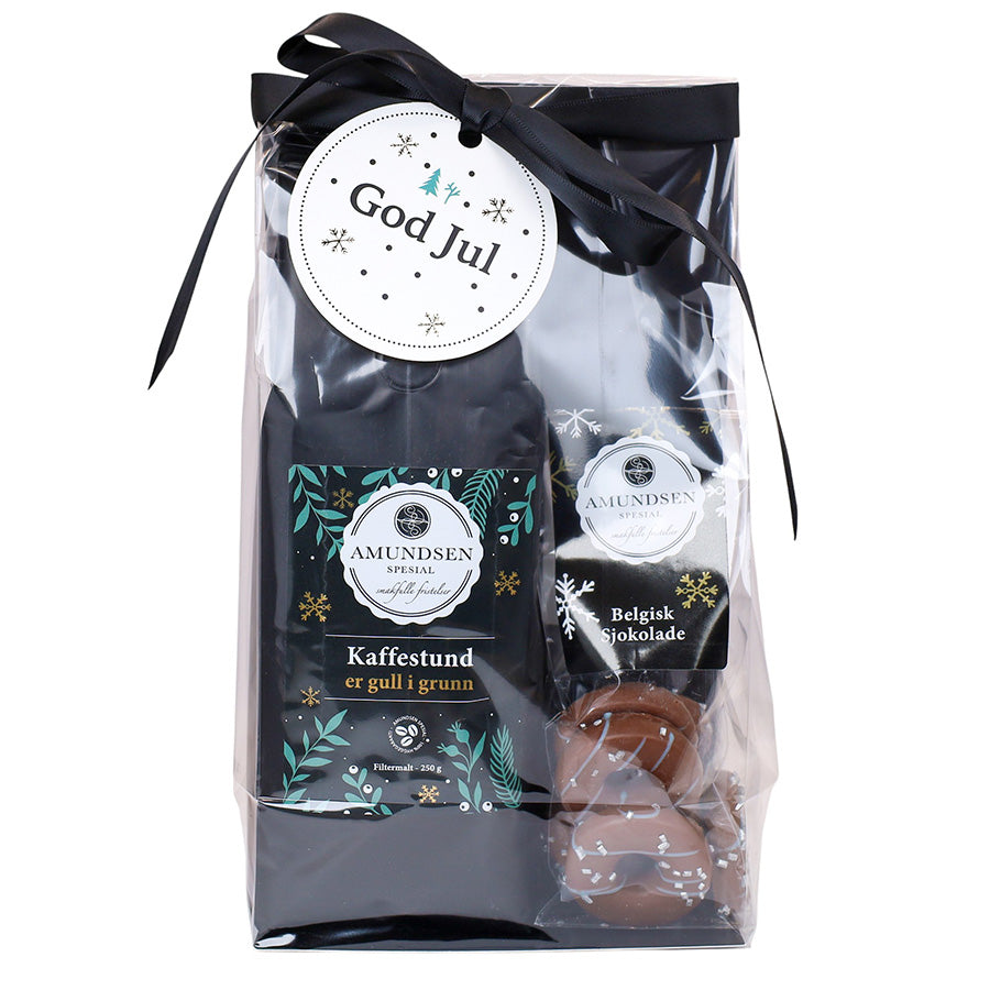 Amundsen Gavepose Kaffestund og Vinter Wreaths med Karamell, elegant innpakket gavepose med filterkaffe og belgisk sjokolade, perfekt for å glede venner og familie.