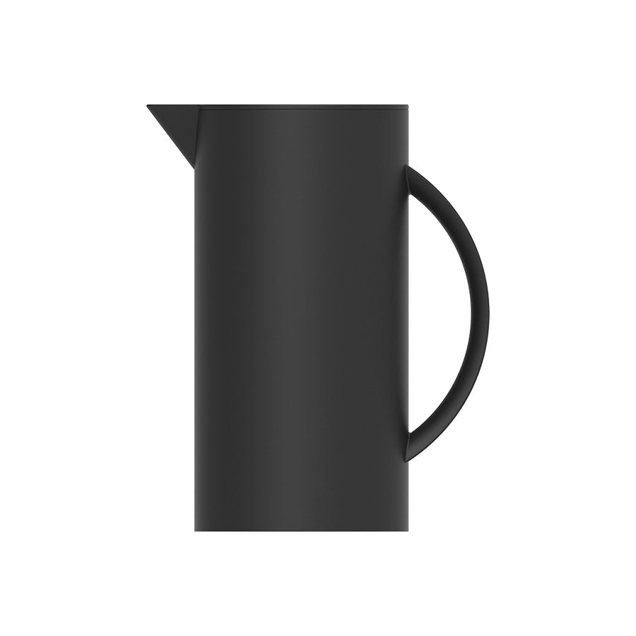 Sidetil kommunikasjon av en sort termokanne med moderne design, perfekt for å holde drikker varme i flere timer.