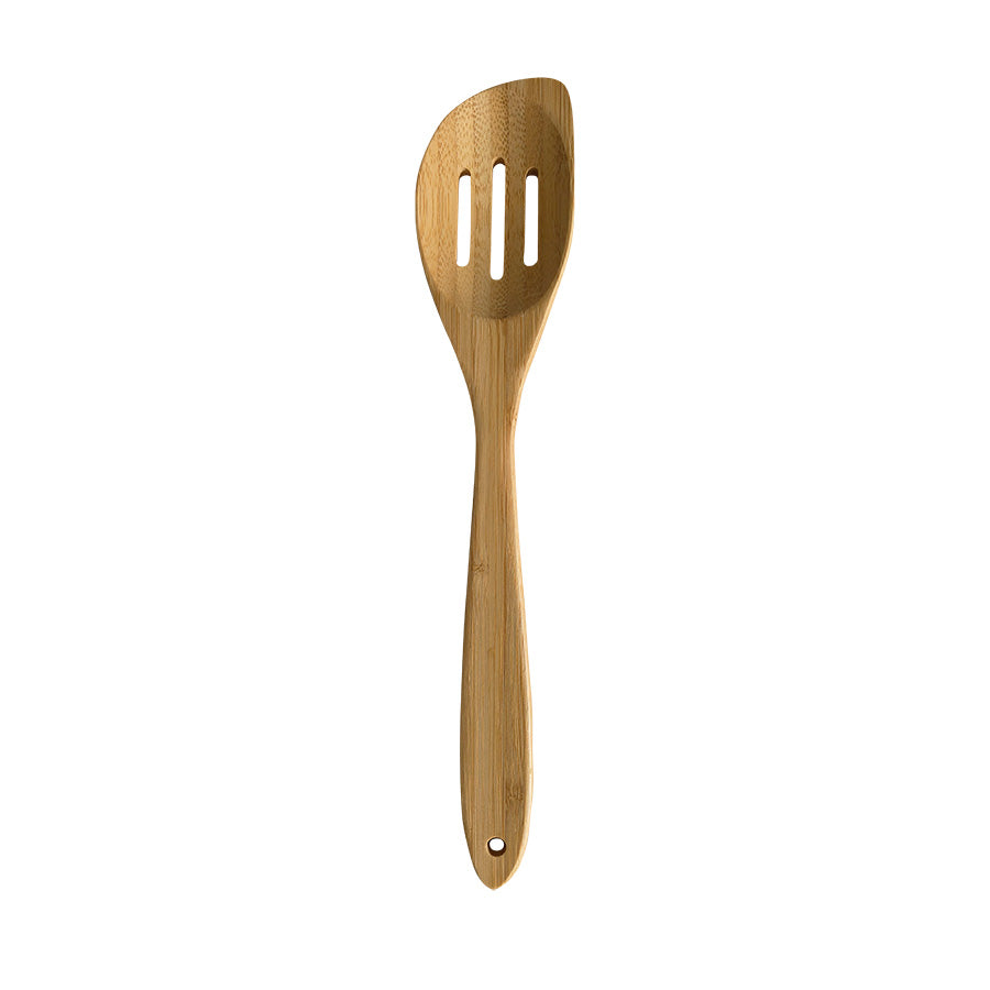 Naturlig bambus serveringsskje med riller, perfekt for servering av pasta og grønnsaker.