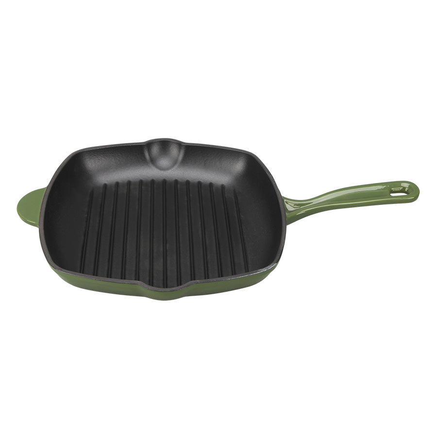 Christiania 1739 grønn grillpanne i emaljert støpejern med dype grillriller, sett ovenfra