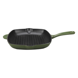 Grønn grillpanne i støpejern med høye grillriller og langt håndtak, sett fra siden