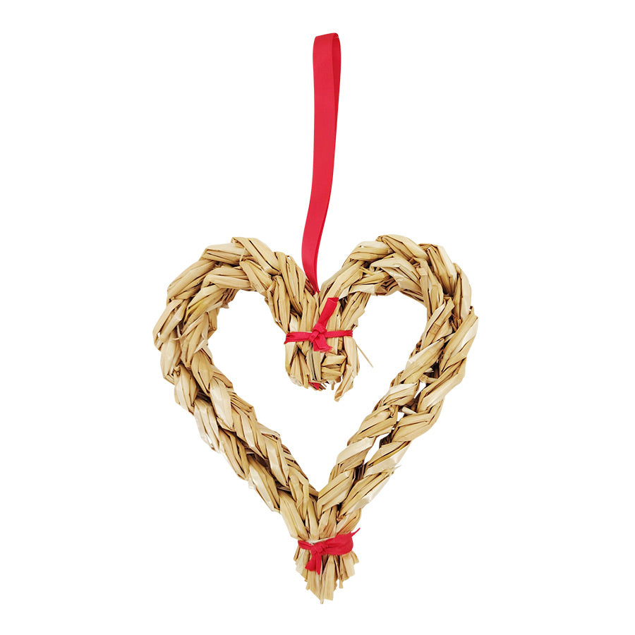 Håndlaget halmhjerte med rød sløyfe fra Christiania 1739, 21 cm, perfekt til juledekorasjon.