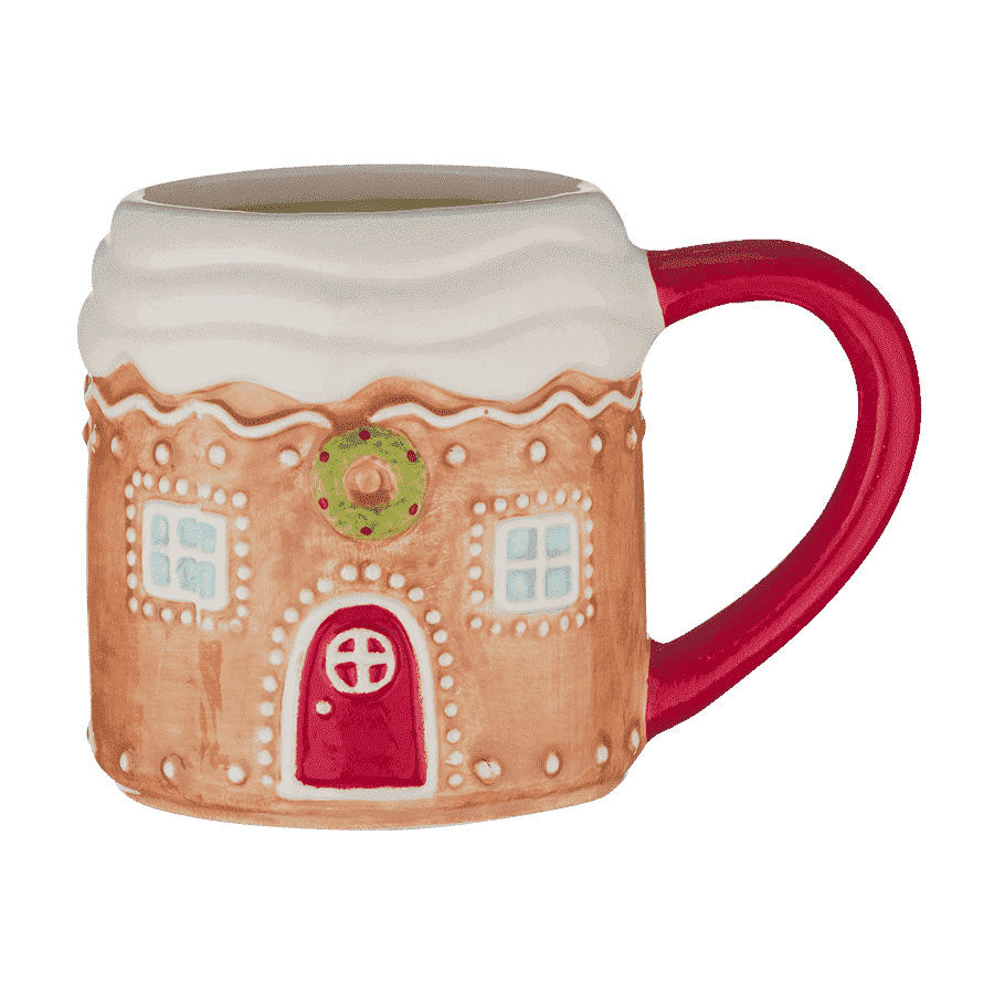 Julekrus fra Christiania 1739, formet som et pepperkakehus med rød hank, 400ml volum, perfekt for kakao og kaffe.