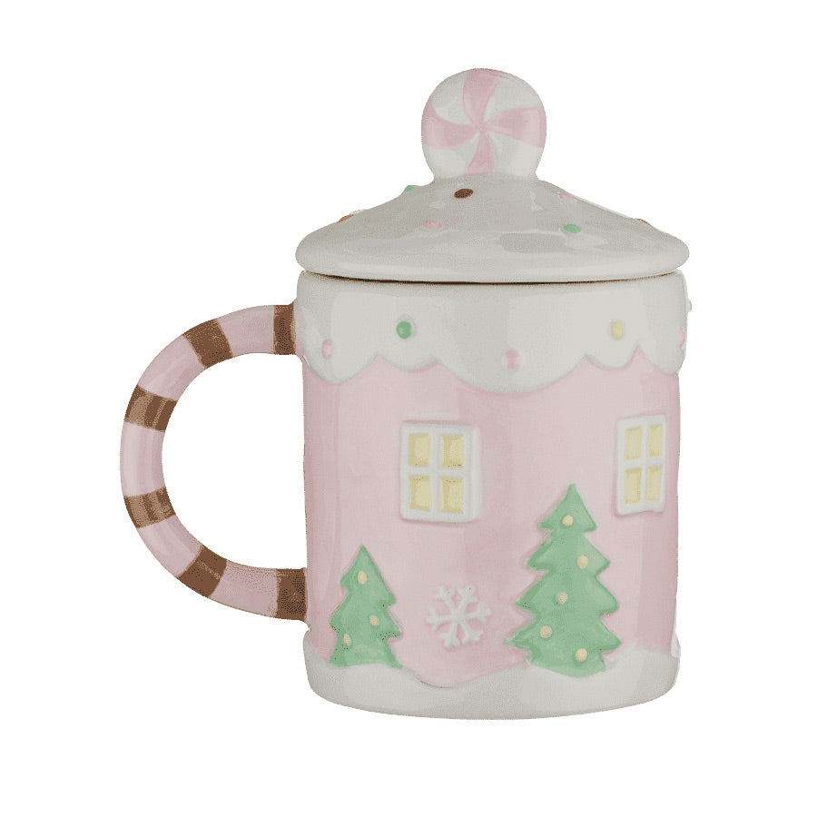 Christiania 1739 Julekolleksjon julekrus M/Lokk 520ml i rosa med design av pepperkakehus, juletrær og snøfnugg.